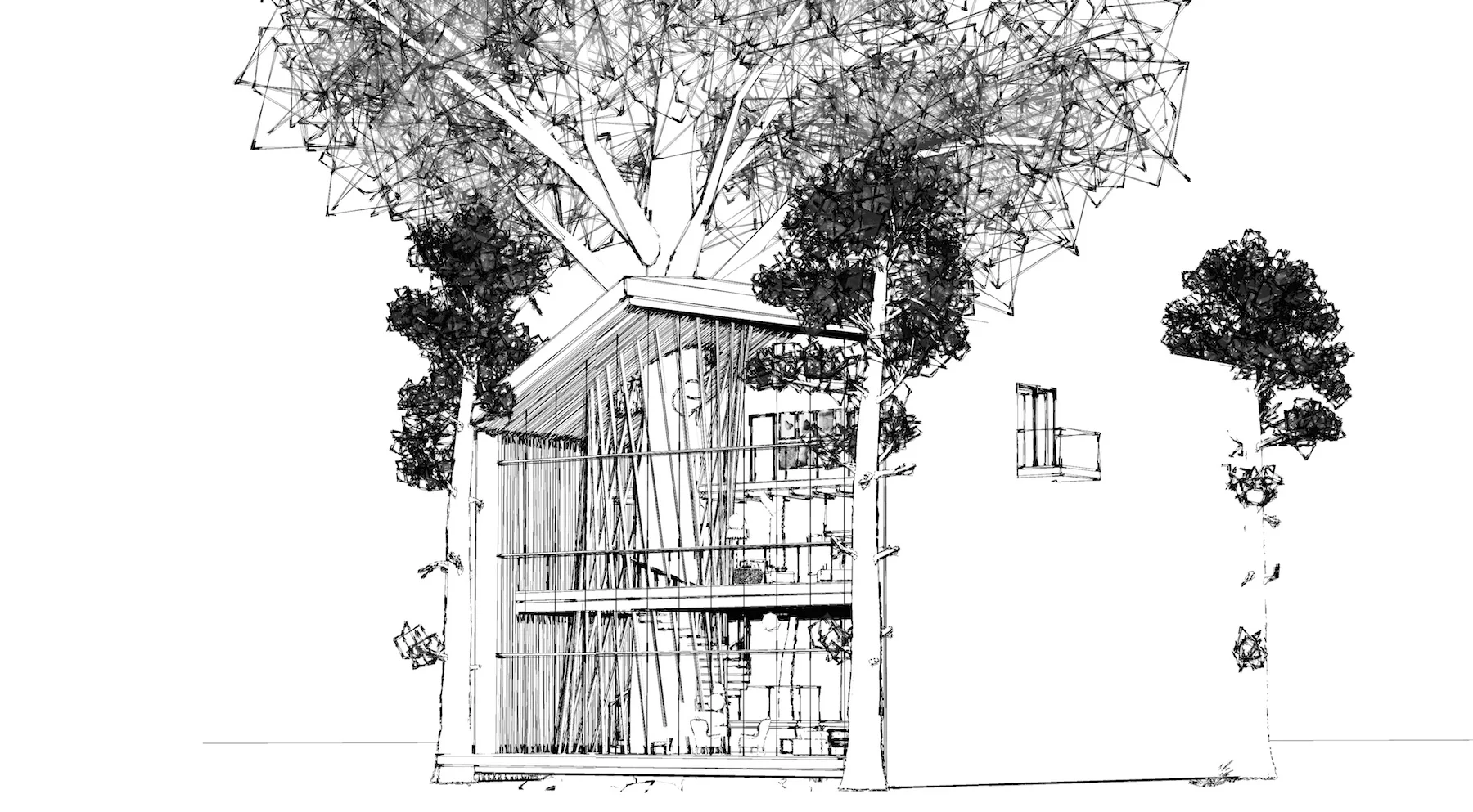 The eco-treehouse is built around a tree as the central support column, which bears the weight of the house and its contents