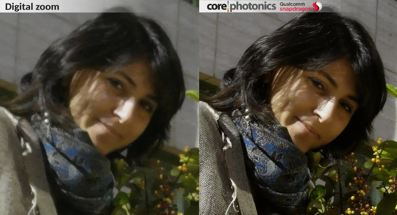 Close-ups taken using a regular smartphone camera's digital zoom (left), and with the Corephotonics system (right)