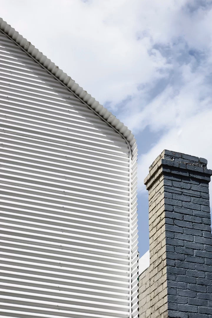 Closeup of the steel cladding on Grant House's extension