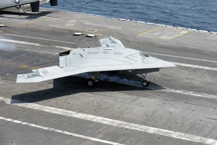 The X-47B making the first UAV arrested carrier landing