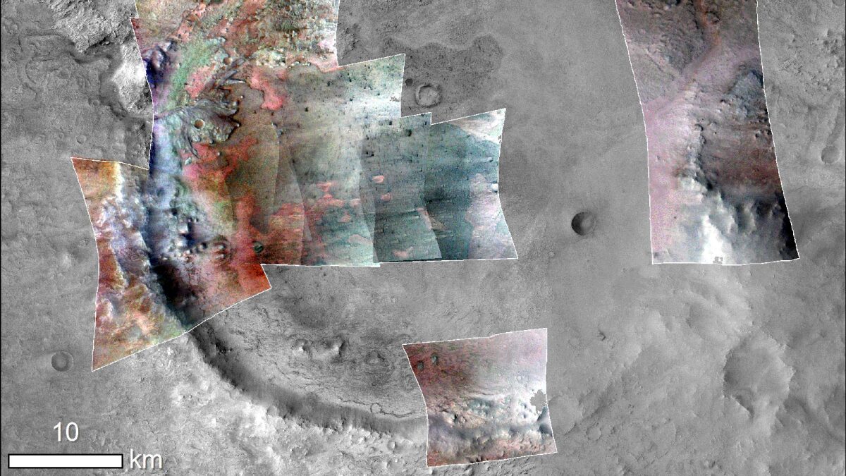 The green areas on this false color, mosaic image represent areas rich in carbonates, which are great at preserving microfossils