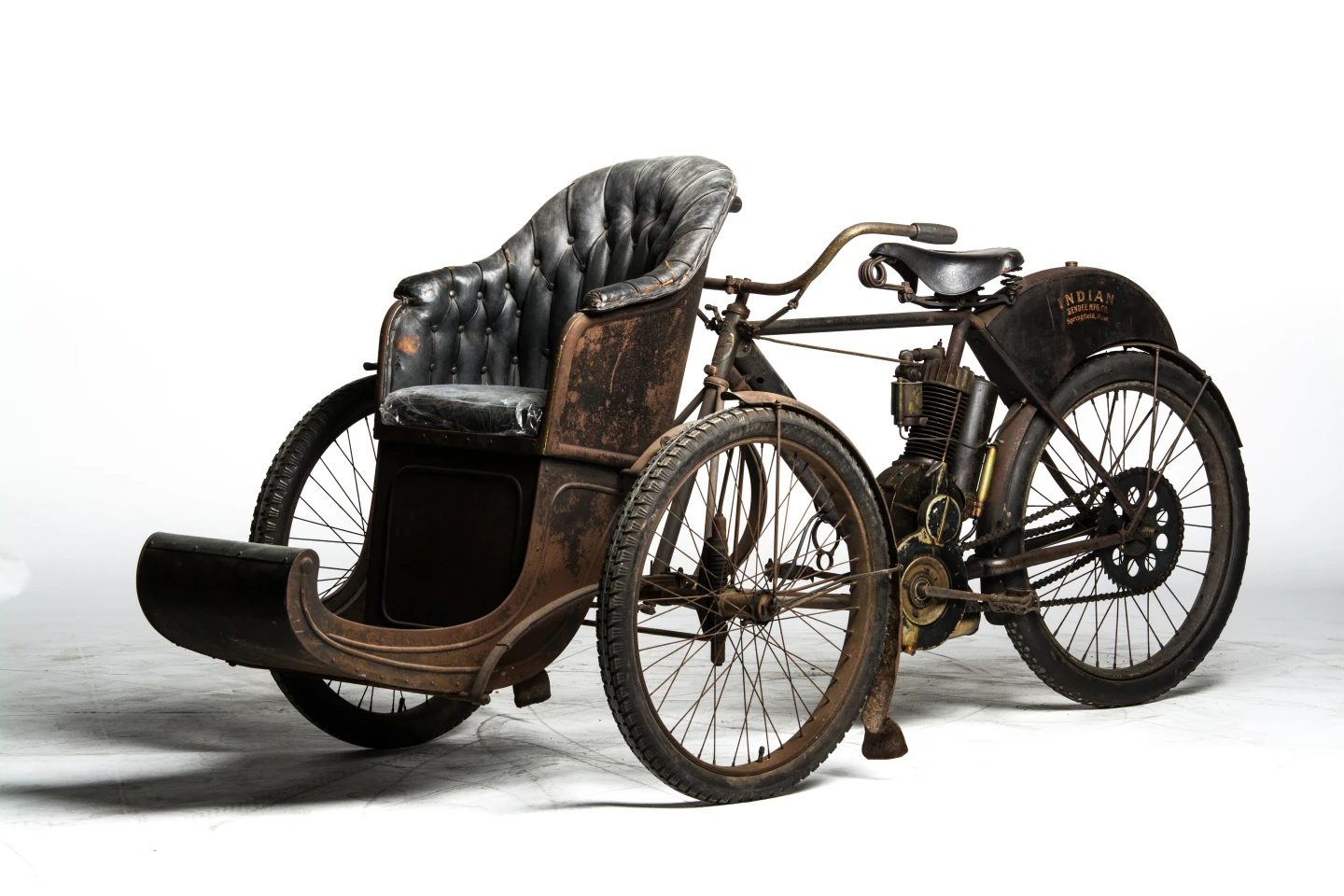 One of the true classics in the Cole collection, this 1907 Indian Tri-Car With Sedan Chair is for all intents, a chauffeured armchair. It was made in the period where personal transportation was still finding its way, and is possibly the only tri-car in the world from this period that retains its original chair and upholstery. Estimated to sell between $155,000 and $175,000, it fetched $181,500