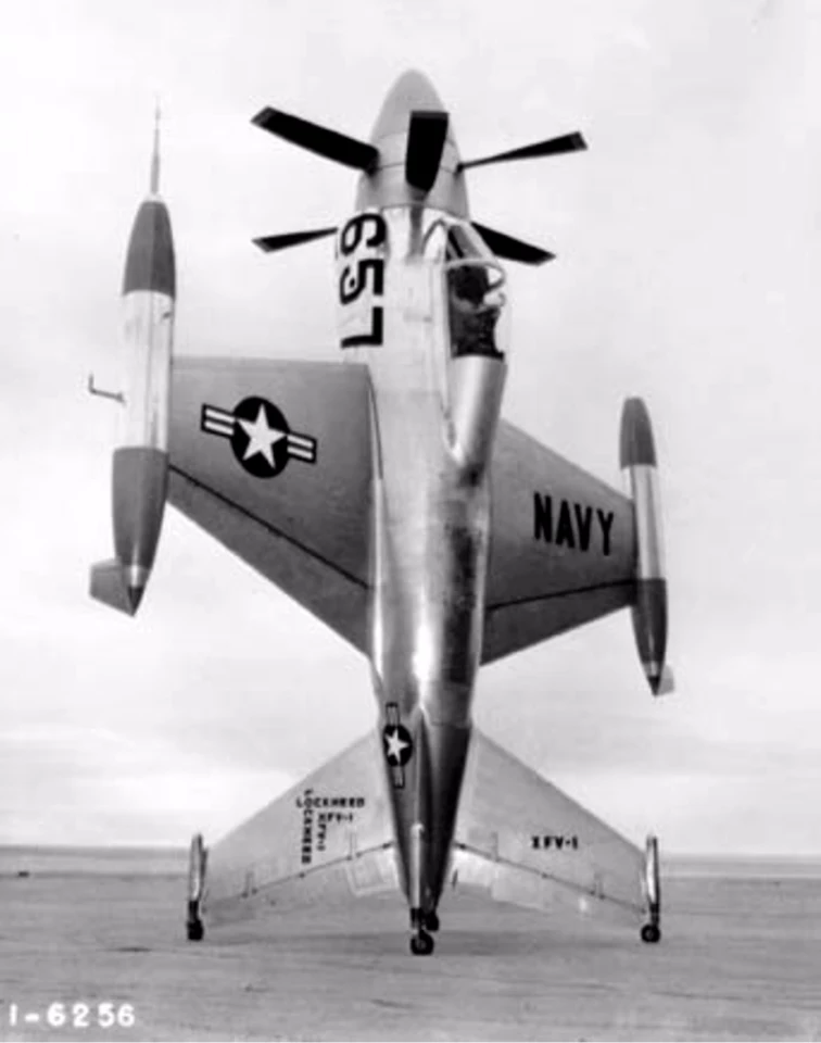 The Northrop Grumman Tern would take off from a tail-down position similar to this Lockheed XFV experimental VTOL aircraft from the 1950s