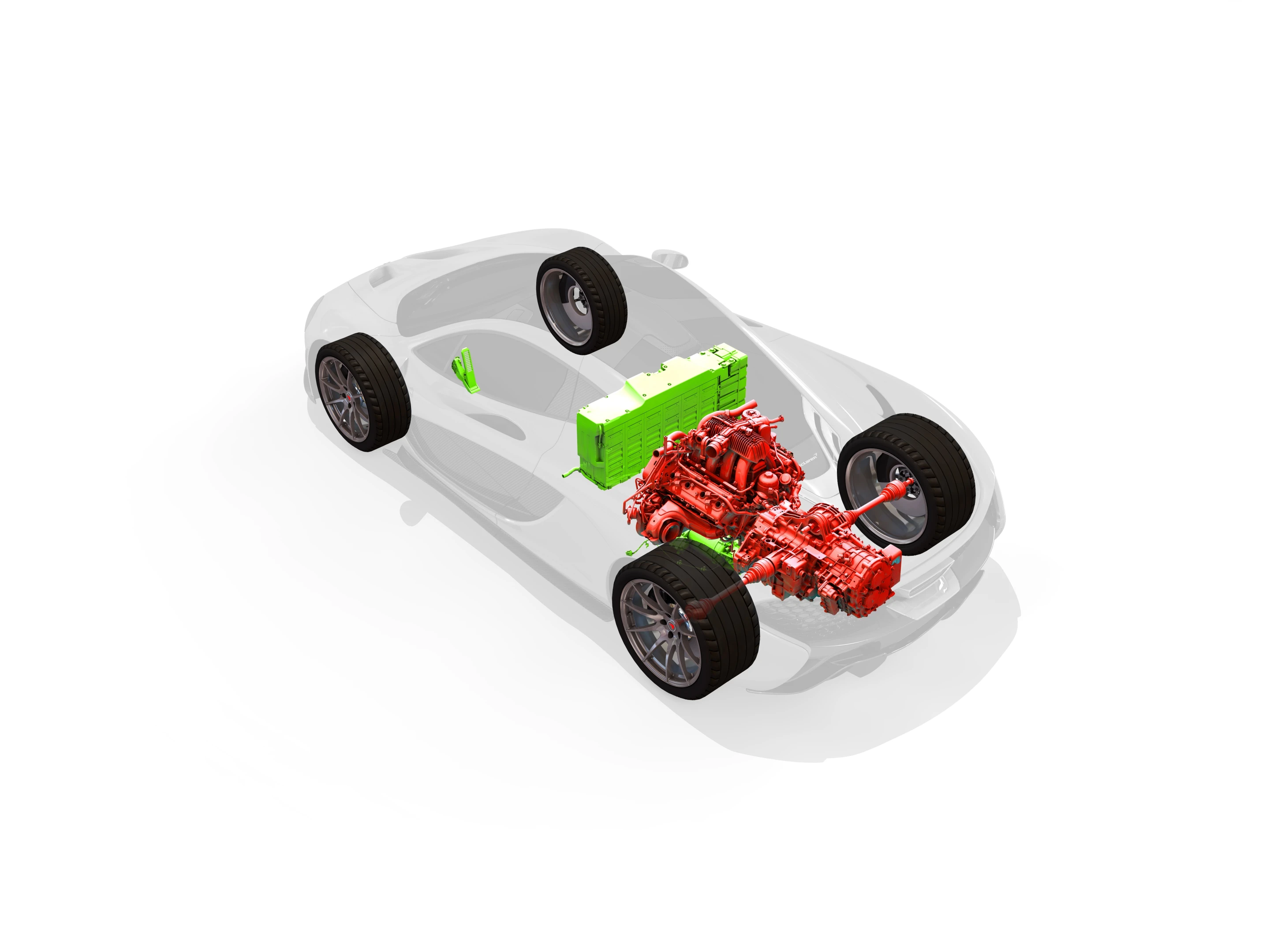 P1's hybrid arrangement is different in that the electric motor is mounted beneath the gas engine while the battery pack is mounted behind the passenger space