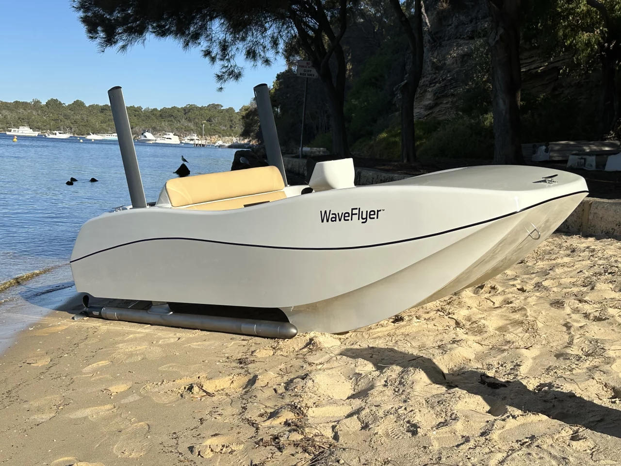 With its foils retracted, the WaveFlyer Volaré can handle shallow water like a normal boat