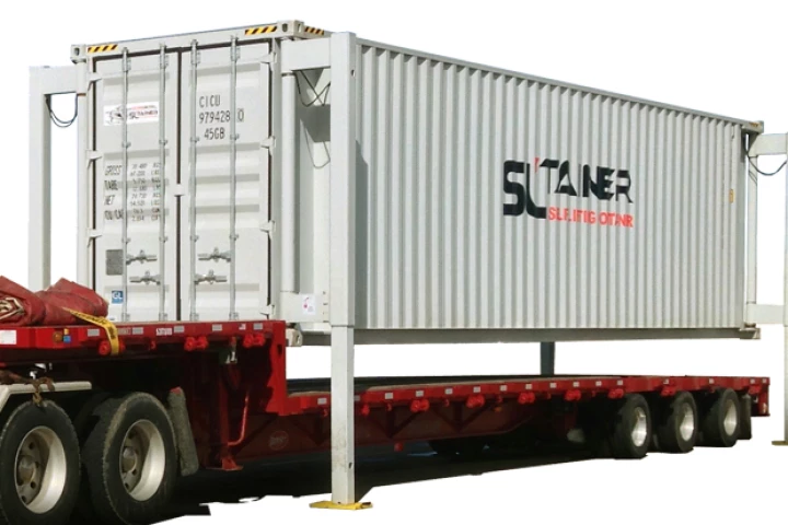 The SL-Tainer is a self-lifting container that does away with the need for a crane to load and unload it from a truck