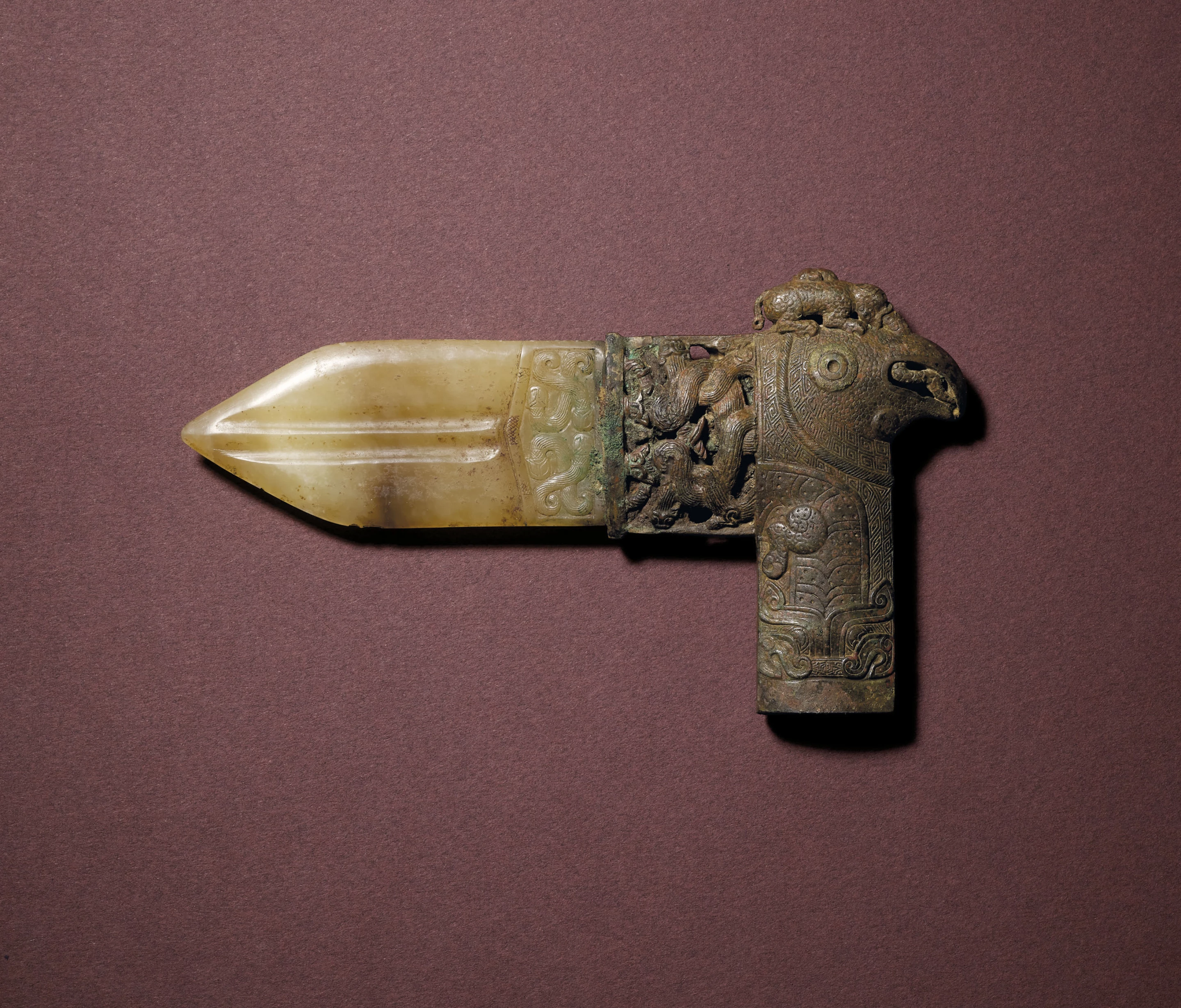 This Jade-inset Bronze Ge-Halberd dagger, was made circa 570-400 BC and would have been used for ceremonial purposes. It sold for HK$9,850,000 ($1,263,460) at Christie's on 3 December 2021