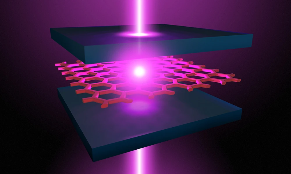 An illustration of a device that can create particles with negative mass, thanks to an atomically thin semiconductor material placed inside the optical microcavity of a laser