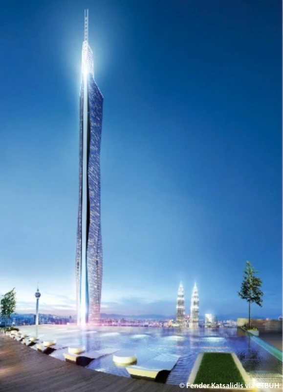 The KL118 tower is currently under construction in Kuala Lumpur, Malaysia. Standing across from the famous Petronas Towers, it will open in 2019 at 610 metres tall, and enjoy a brief spot in the top 5.