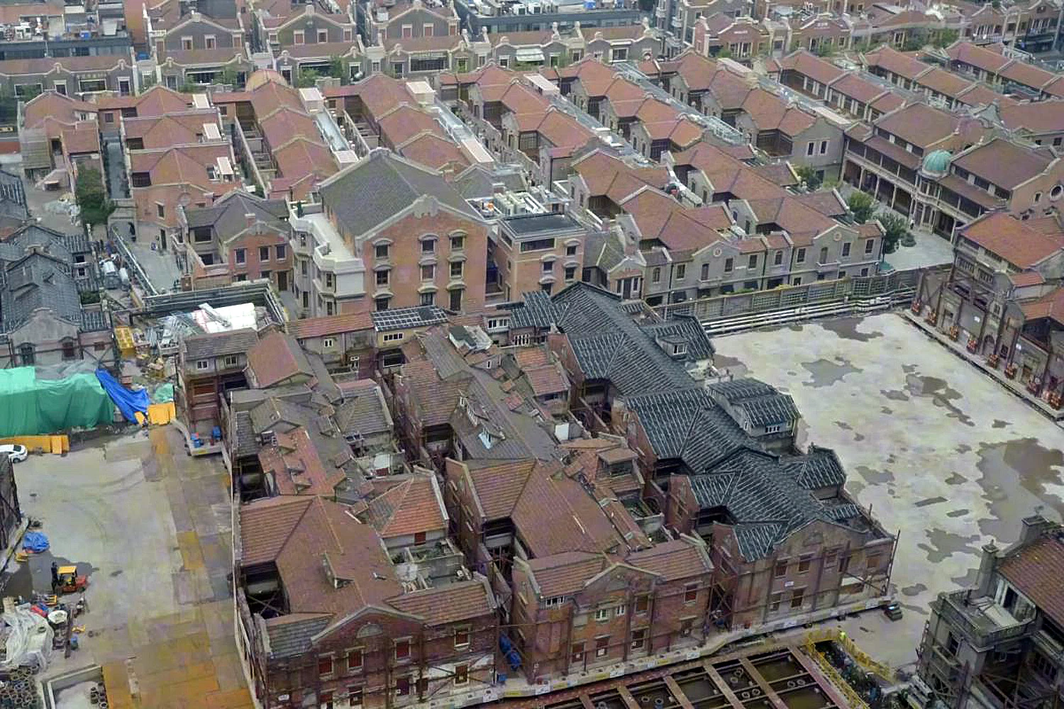 An aerial view of the Huayanli complex, located in Zhangyuan in Shanghai's Jing'an district, as it's in transit