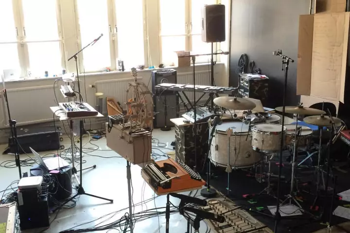 The mechanical music machine takes its place in the rehearsal room, along with other bizarre Molin creations