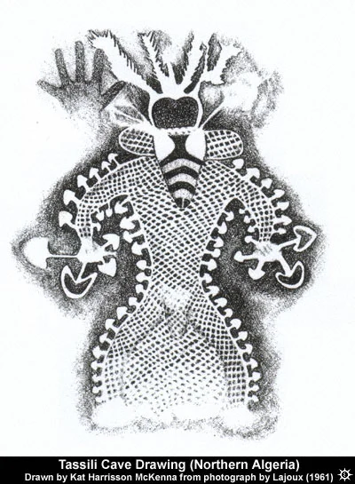 A drawing made from a photograph of a cave painting found in the Tassili Cave in Northern Algeria