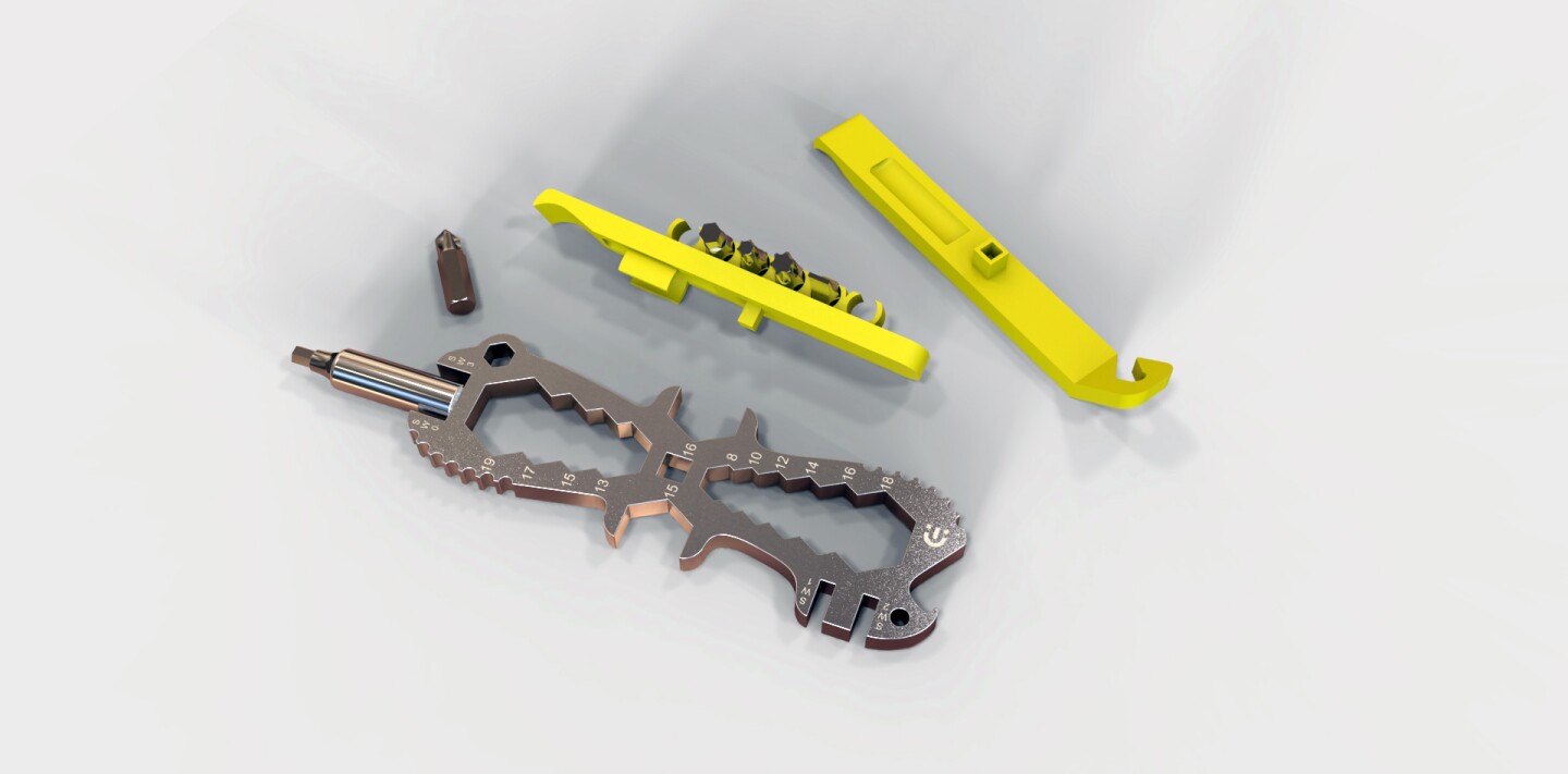 The tool turns into a screwdriver when the adapter and bit are put in place