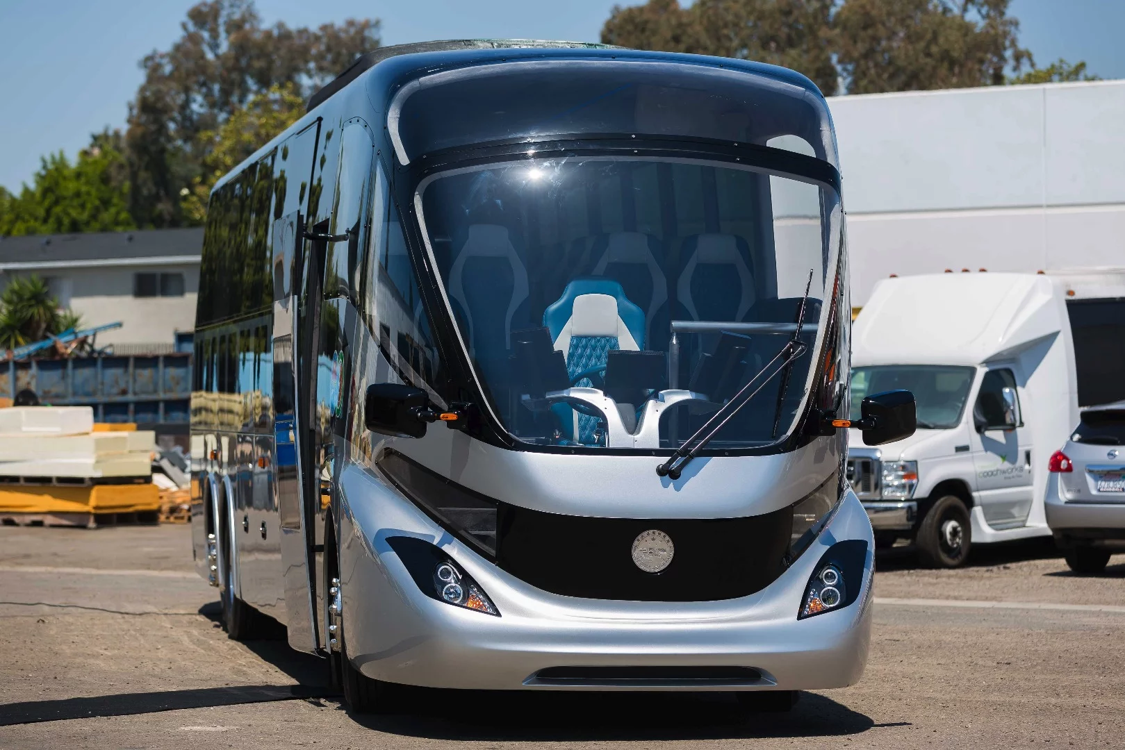 The Gaffoglio bus design includes a glass cockpit and central driving position