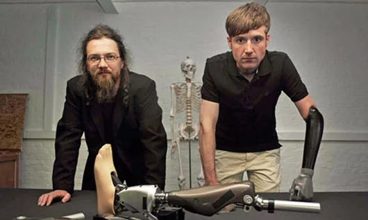 Roboticist Richard Walker and Dr. Bertolt Meyer, with some of the bionic man's parts (Photo: Channel 4)