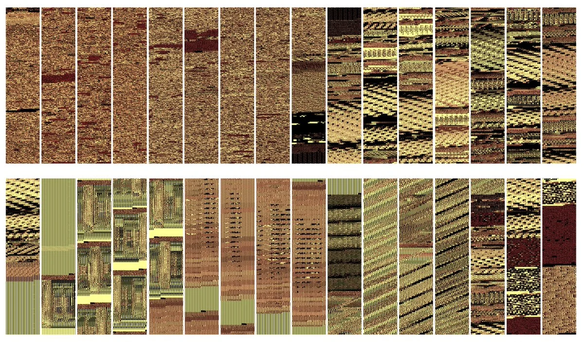 The entire series of 32 corrupted .exe file designs from Glitchaus