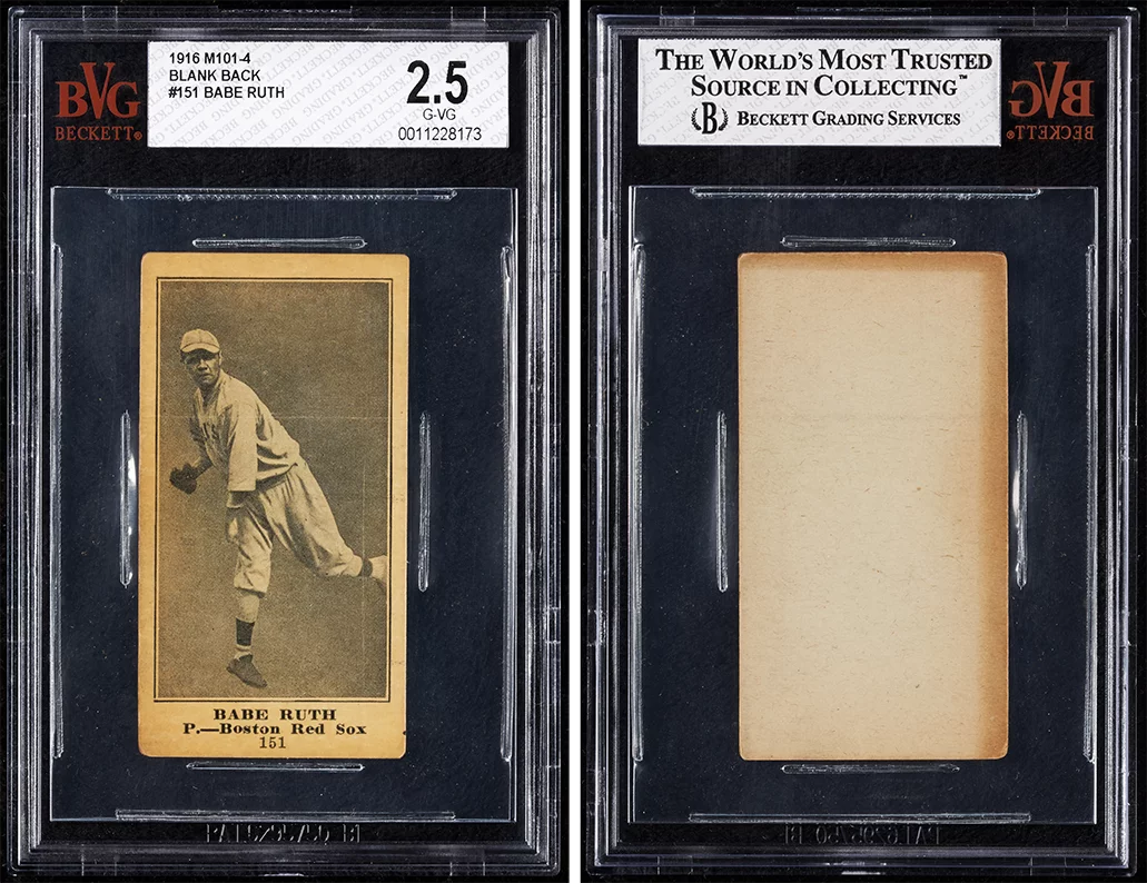 Front and back of the 1916 (M101-4) Babe Ruth blank back card
