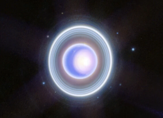 A James Webb image of Uranus, clearly showing its rings and some of its moons