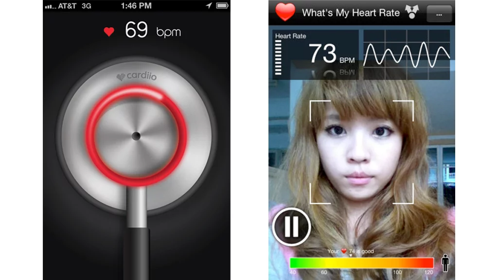 The Cardiio (left) and What's My Heart Rate (right) apps measure heart rate by detecting changes in the face
