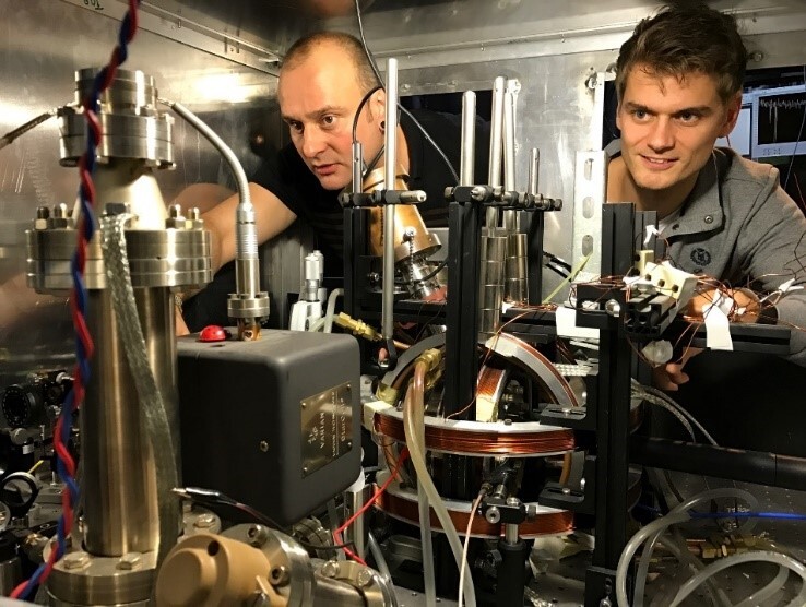 Professor Winfried Hensinger (left) and Dr Seb Weidt (right) at work in the quantum research laboratories at the University of Sussex