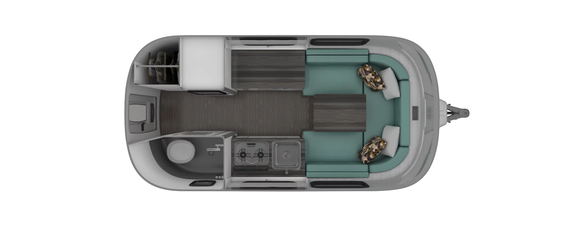 The 16U floor plan has a convertible U-shaped dinette and a worktop across from the main kitchen block