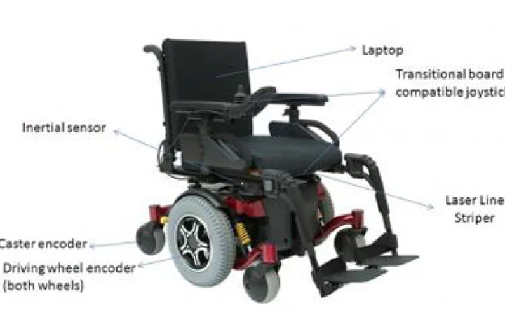 Electric wheelchair fitted with laser line striper and other terrain assistance devices. Credit: FSU