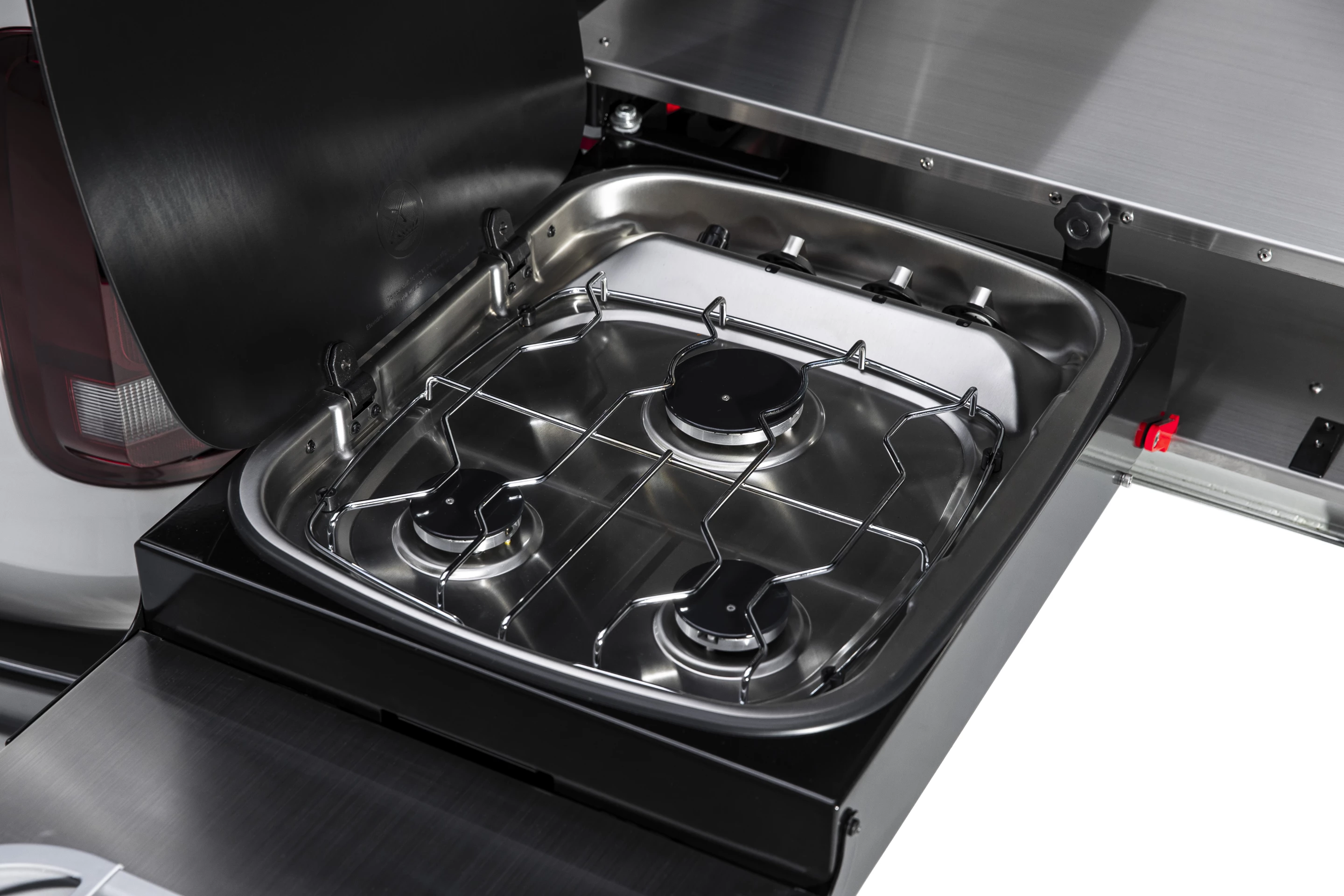 The stove includes dual 1.75-kW burners and a 2.5-kW large burner, along with electric ignition