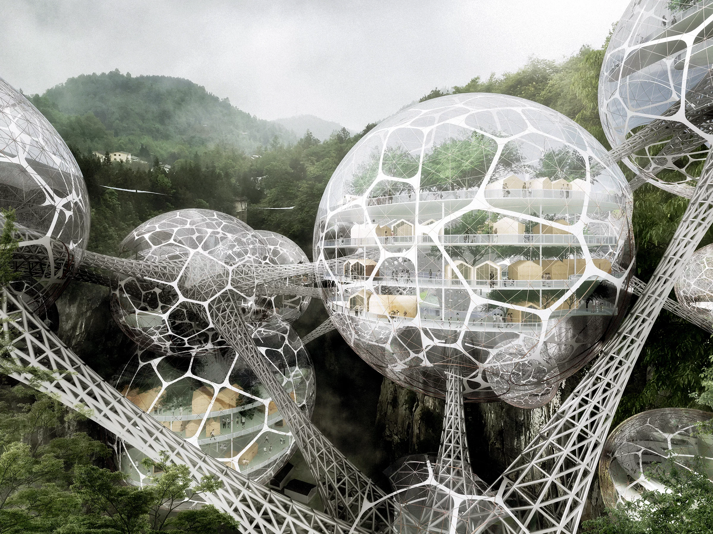 Skyscraper Injects New Life To Tiankeng was designed by Shuzhan Liu, Siang Duan, Yimin Gao, Jingyi Li, Shiliang Wang and Daxu Wei from China. It imagines a futuristic residential development for people in Tiankeng in Shaotong City, China, that would be interconnected
