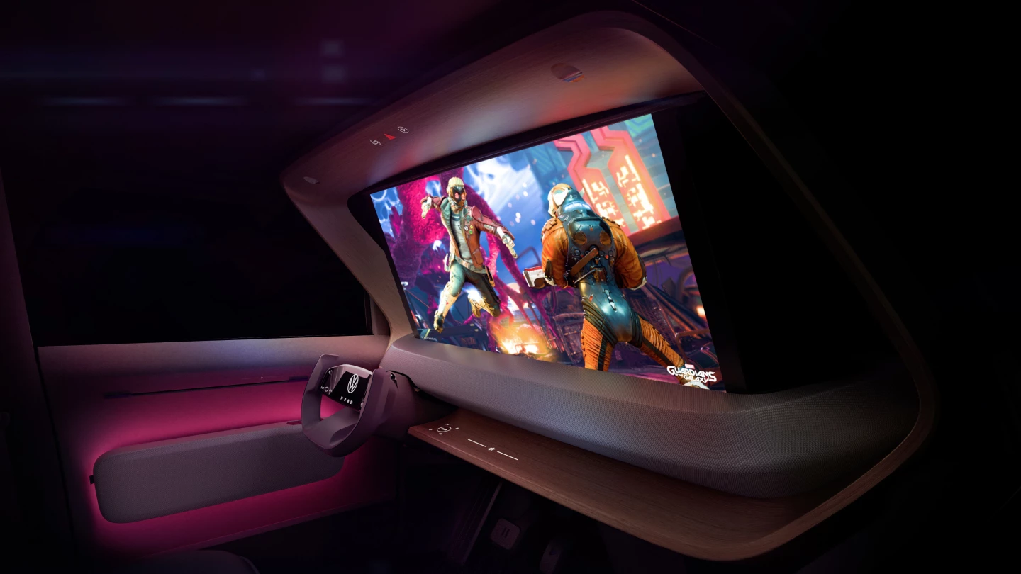 The dashboard projection screen keeps the VW ID. Life party going