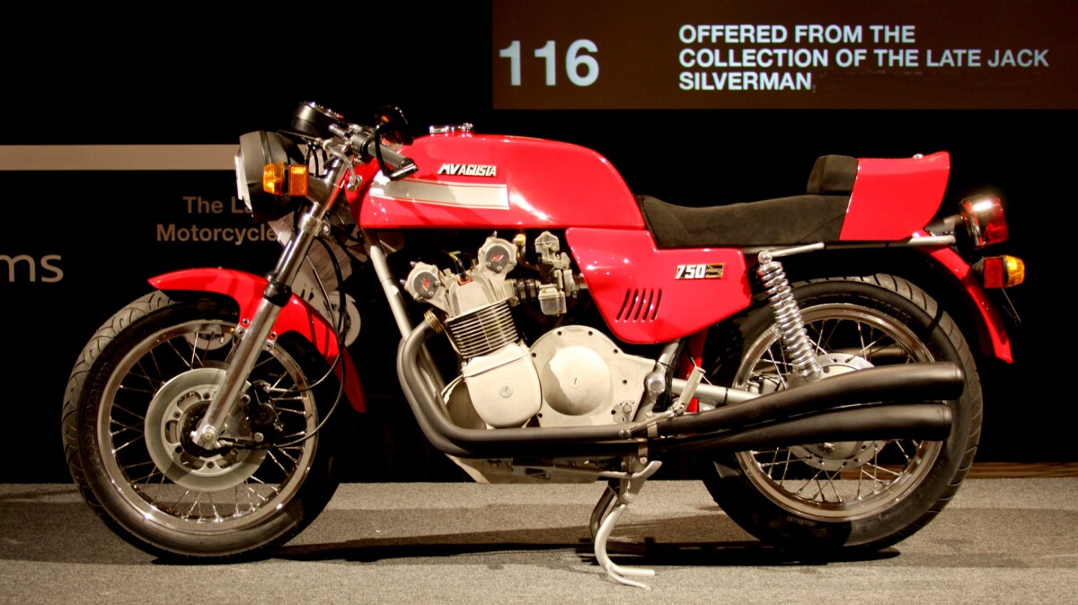 One of the most beautiful of the modern collectible motorcycles is the MV Agusta four. Those who have them don't wish to part company for less than six figures and those that don't yet have one were reluctant to pay anywhere near six figures to get them in Las Vegas this time around. Only two were on offer in Vegas, and they were offered in consecutive lots at Bonhams, both failing to meet reserve. The pictured MV Agusta America had an estimate of $85,000 to $100,000, and a fully-faired 850 SS America had an estimate of $98,000 to $110,000