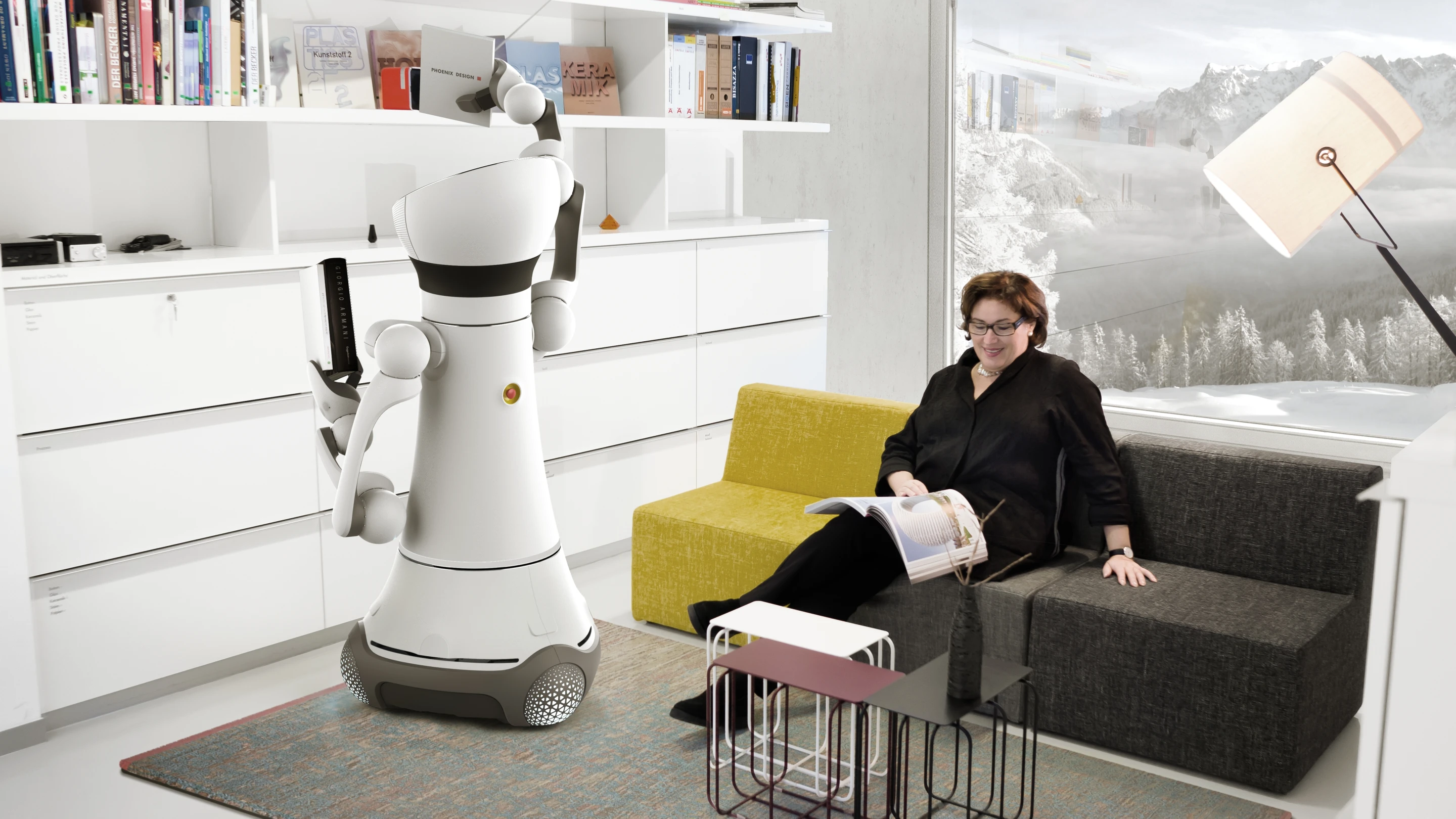 The robot's grasping hands can manipulate objects in its environment and assist in simple household tasks