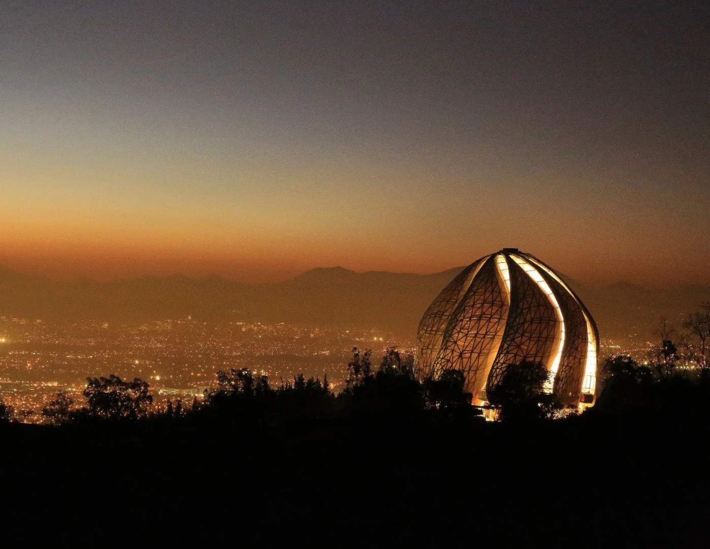 The Bahá’í Temple of South America at night