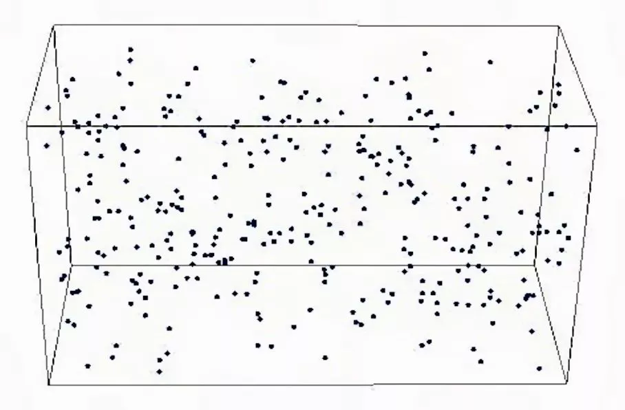 The same region of space shown in Clowes' map of the Huge-LQG, with all the quasars appearing (not just those identified as belonging to the Huge-LQG) as point-like objects – no clustering is apparent (Image: Seshadri Nadathur)