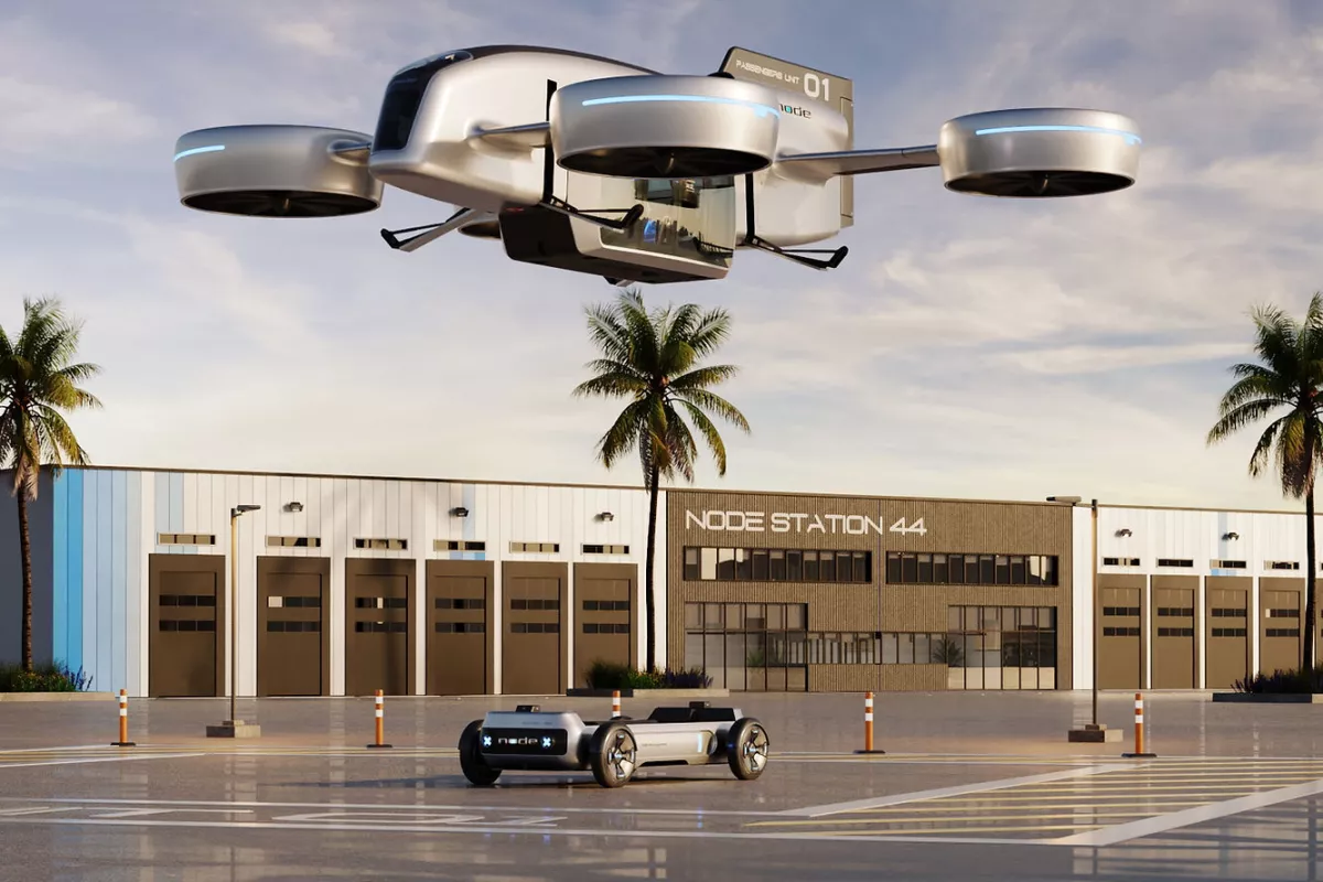 Node Air's modular transport system uses cargo and passenger pods, which can click onto land-based EV carriages or VTOL drone-style airf