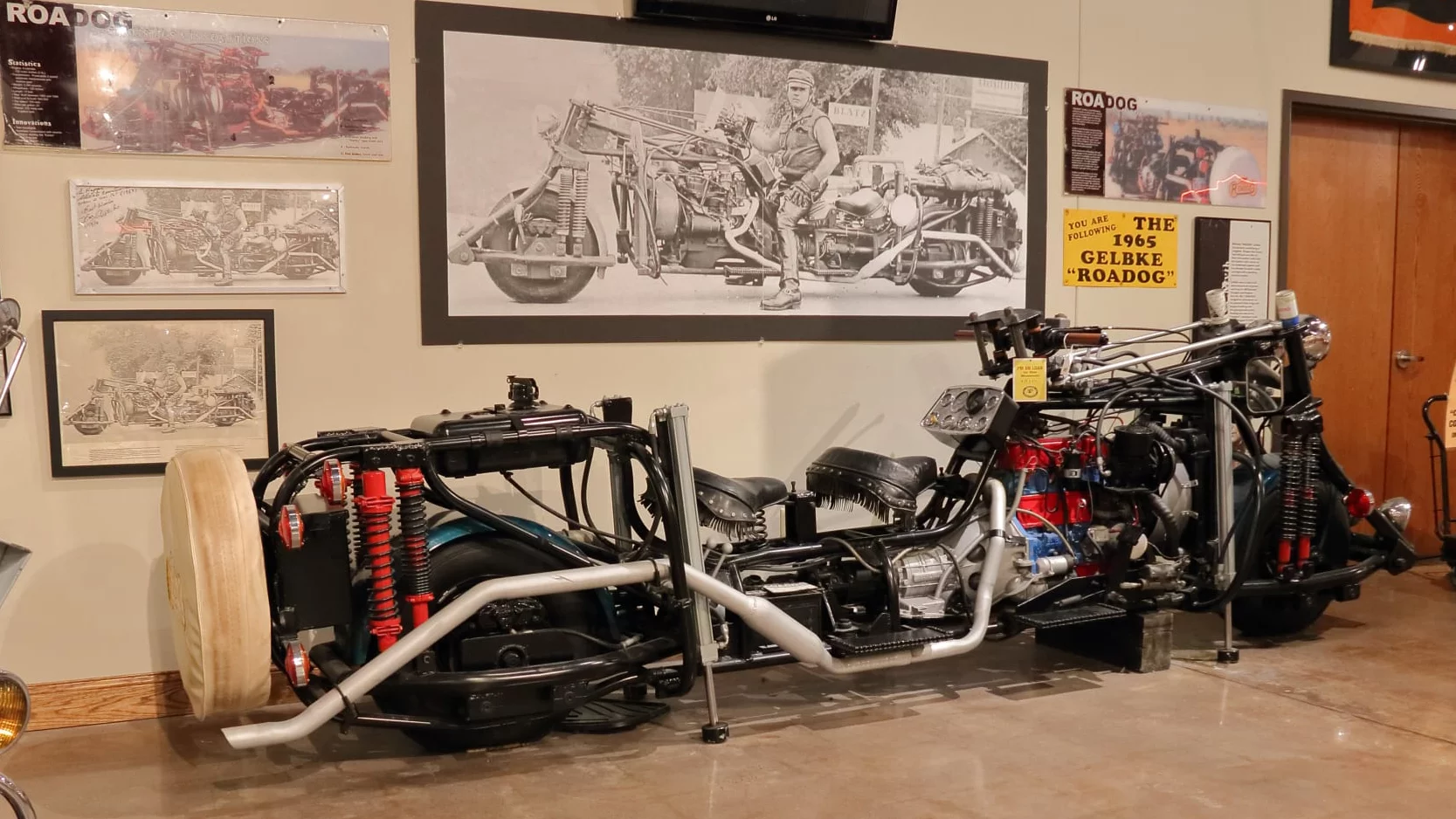 In 1965, William "Wild Bill" Gelbke built his own motorcycle. It was 17-feet long, weighed 3,280 pounds and required four hydrolic rams to keep it upright at standstill. Someone took a picture of Wild Bill on his bike, made a poster, and it became a best selling poster. Now the bike is famous.