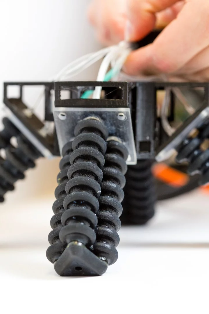 The chambers in the legs can be individually filled with air to move the robot