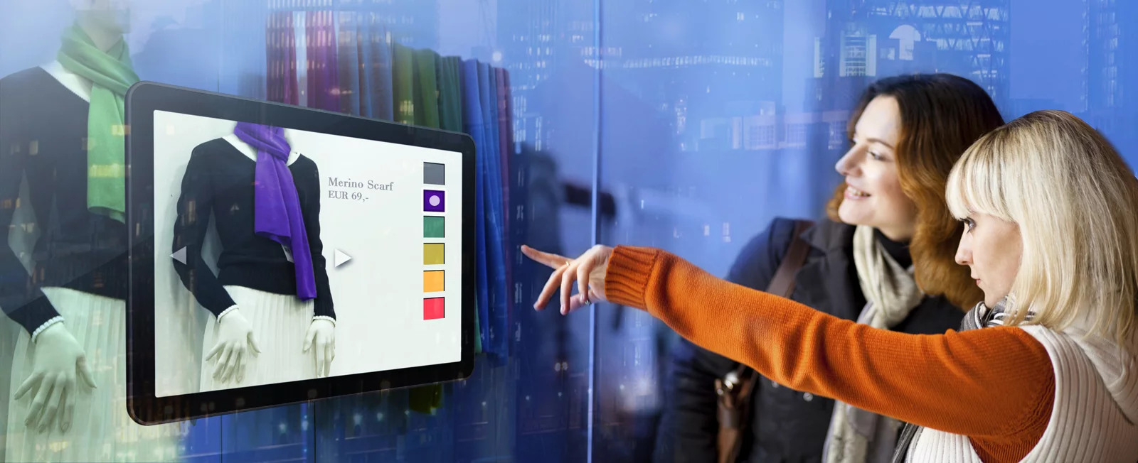 The proposed interactive shop window differs from existing touchscreen technology by using a series of cameras to generate two stereo or 3D images that are processed by visualization software to control the display