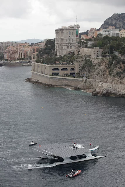 The TURANOR PlanetSolar, as it enters Monaco's Hercule Harbor