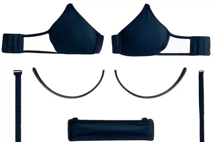 The components of the Fusion Bra, including individually sized left and right cups, and custom 3D-printed UnderFits (pictured beneath the cups)