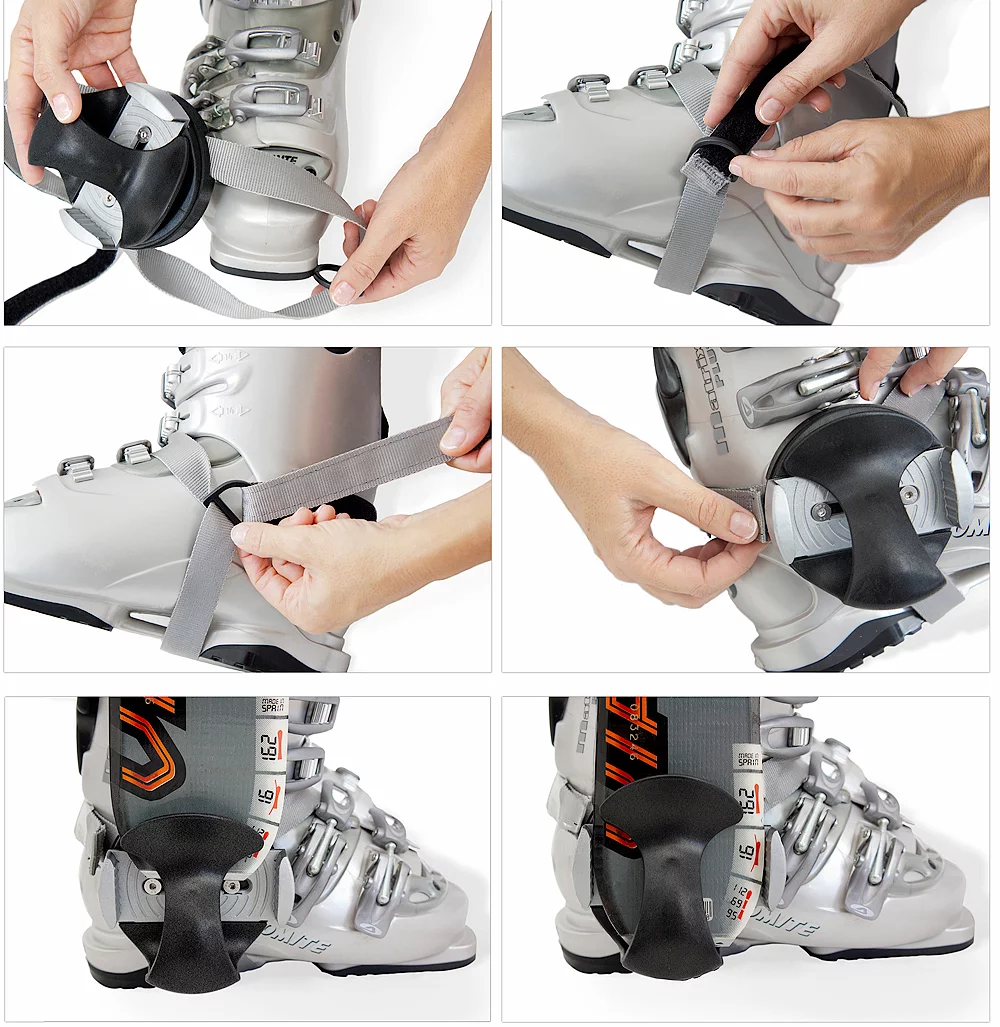 The two SkiTaker receptacles are made mainly from polyamide and glass fiber, and quickly attach to each of the user's ski boots via included polyester straps