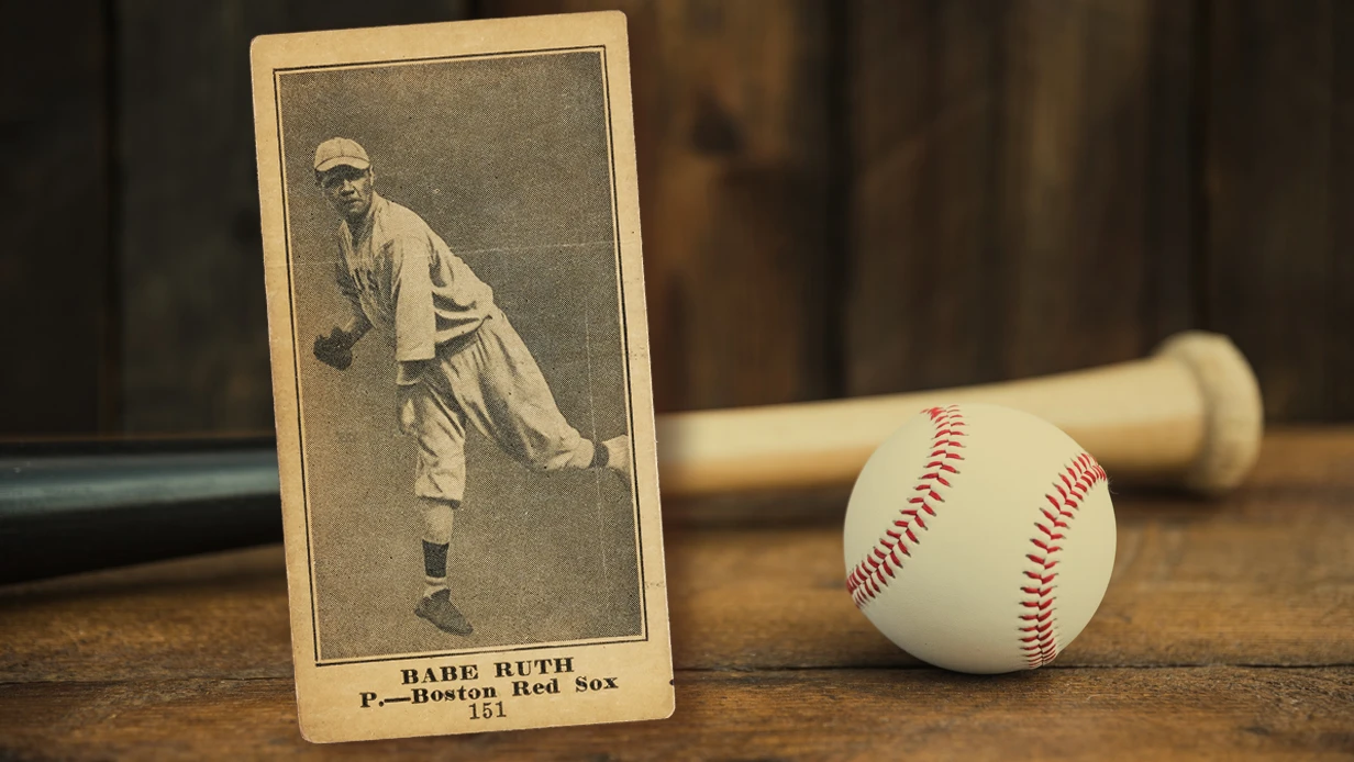 This 1916 (M101-4) Babe Ruth blank back card shows Ruth as a left-handed pitcher for the Red Sox