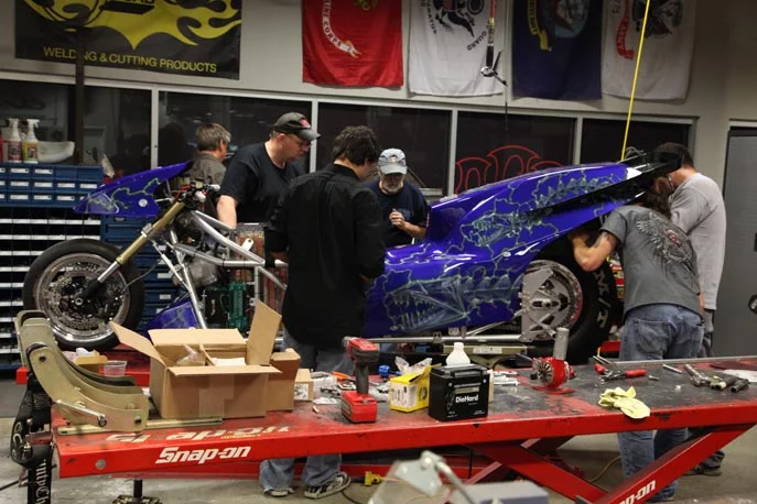 The Orange County Choppers team assembling the 2010 version of the Lawless Electric Rocket