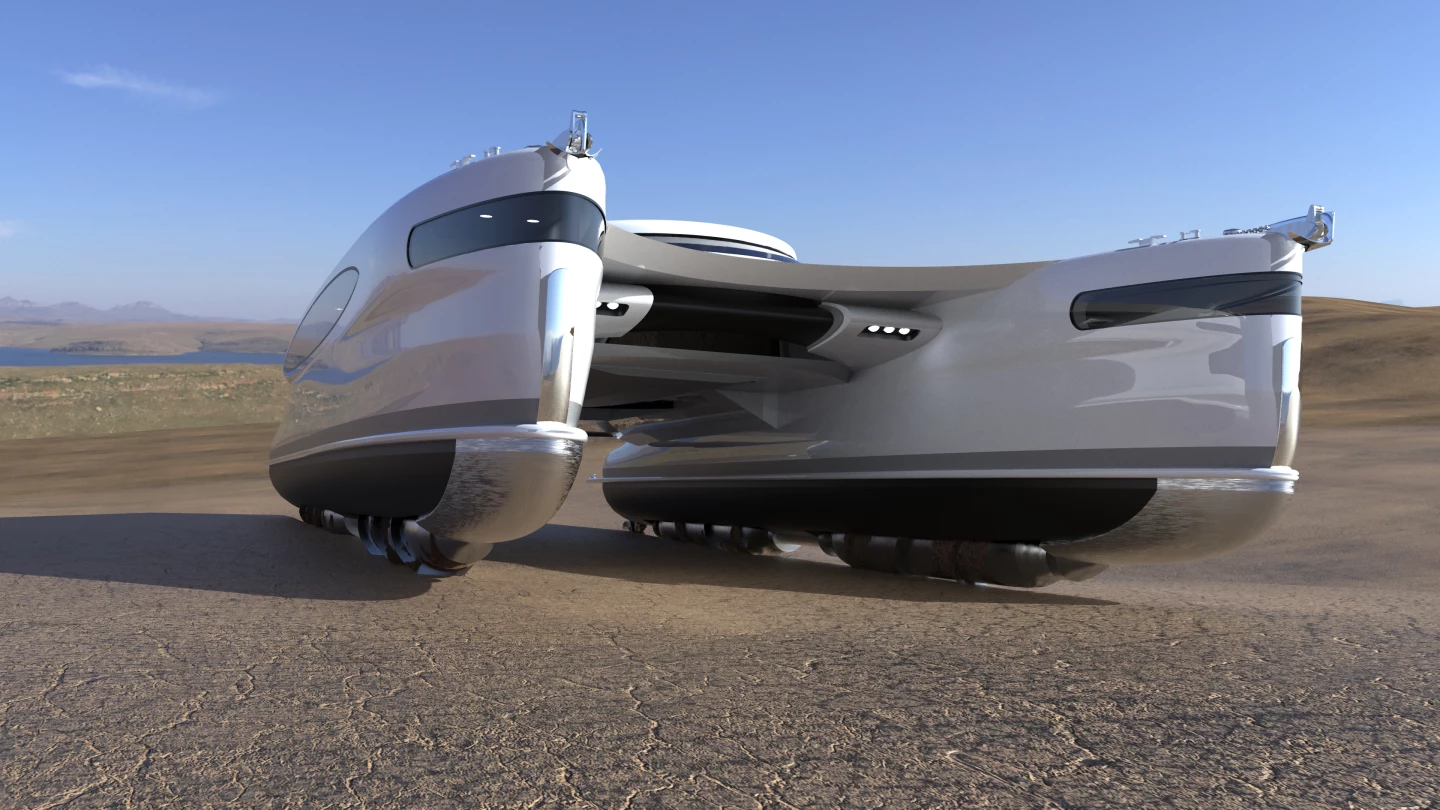 When the Pagurus reaches land, the rotating cylinders are lowered down by approximately 60cm, and therefore transforming the Catamaran into an amphibious vehicle