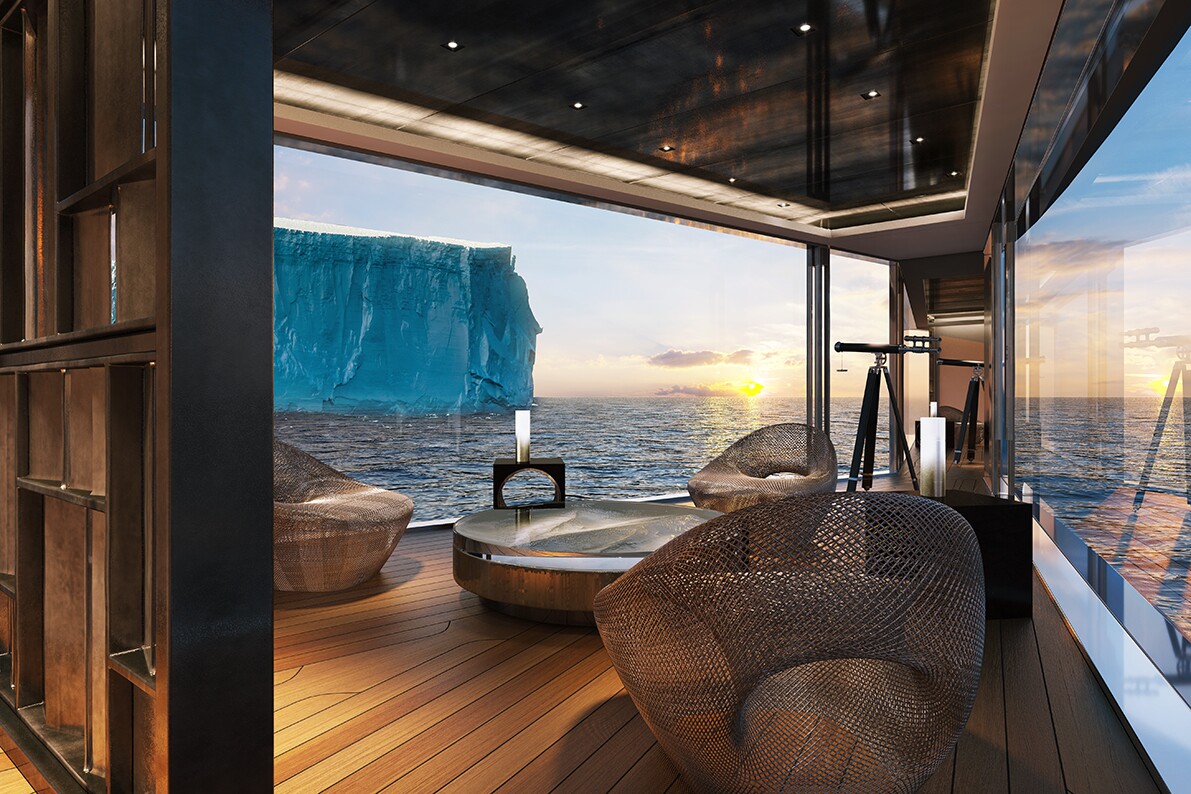 The upper deck observatory offers spectacular views while alsoblurring the lines between where the vessel meets the seas