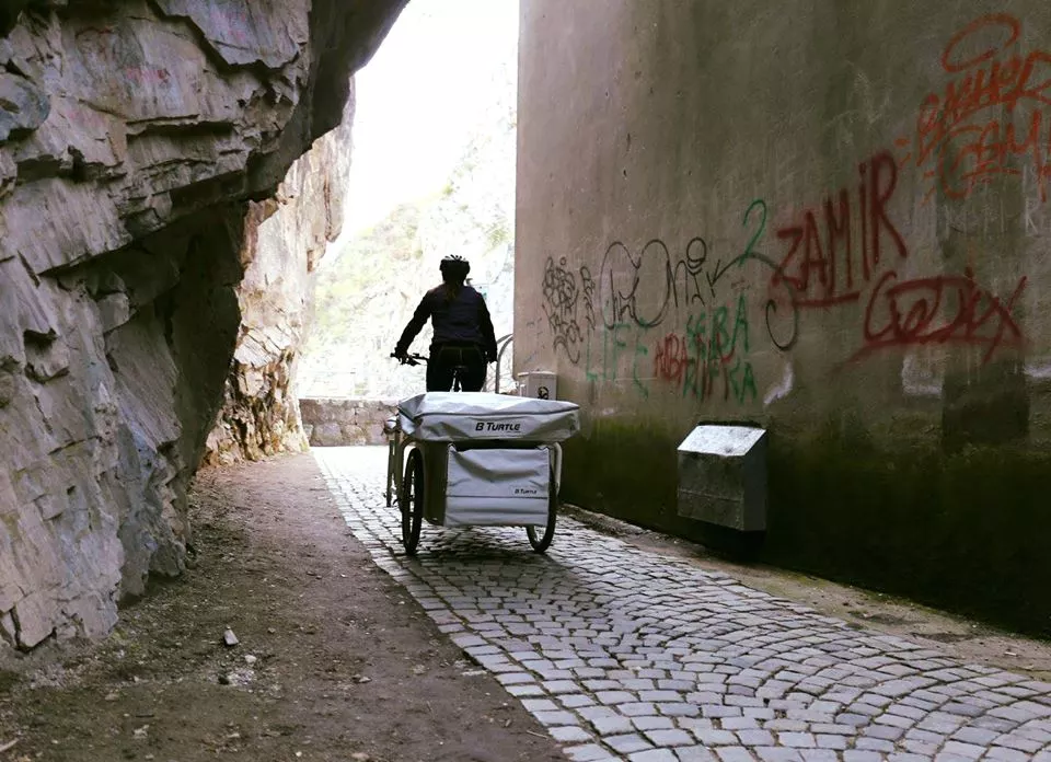 Pedaling with the B-Turtle in tow