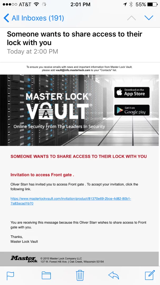 Master Lock Vault - invitation received from lock/sharer