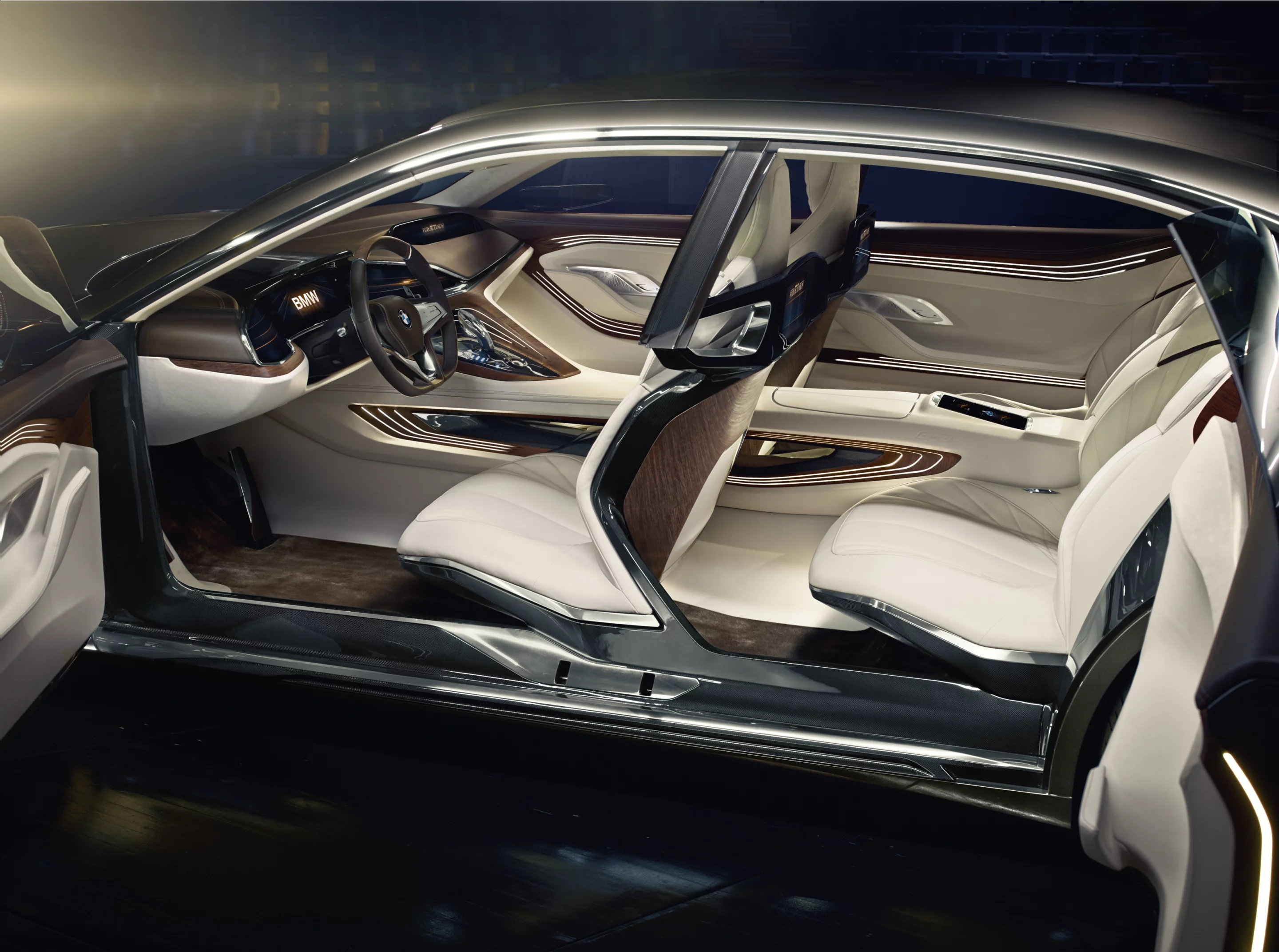 The seat frames are integrated into the structure of the frame, eliminating the need for traditional B-pillars