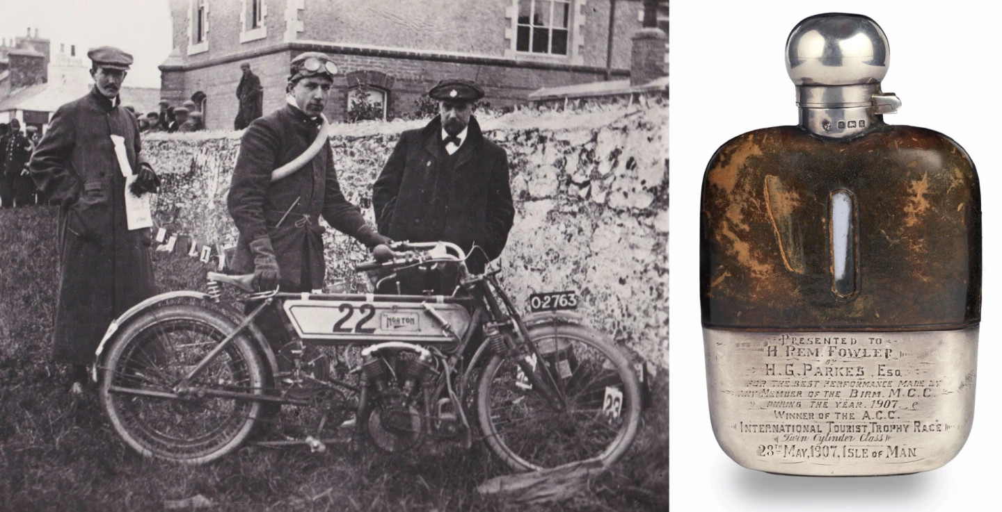 Regarded as the single most important piece of Isle of Man TT memorabilia, this silver hip flask was awarded to H 'Rem' Fowler for winning the inaugural 1907 International Tourist Trophy Twin-cylinder Class at the Isle of Man in 1907. Auction Description