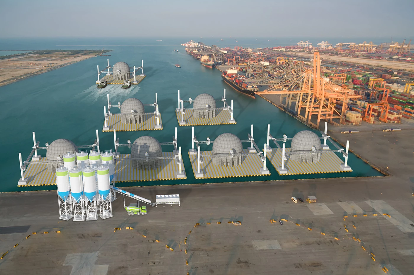 A render depicting StEnSea spheres being assembled and sent offshore from a dock