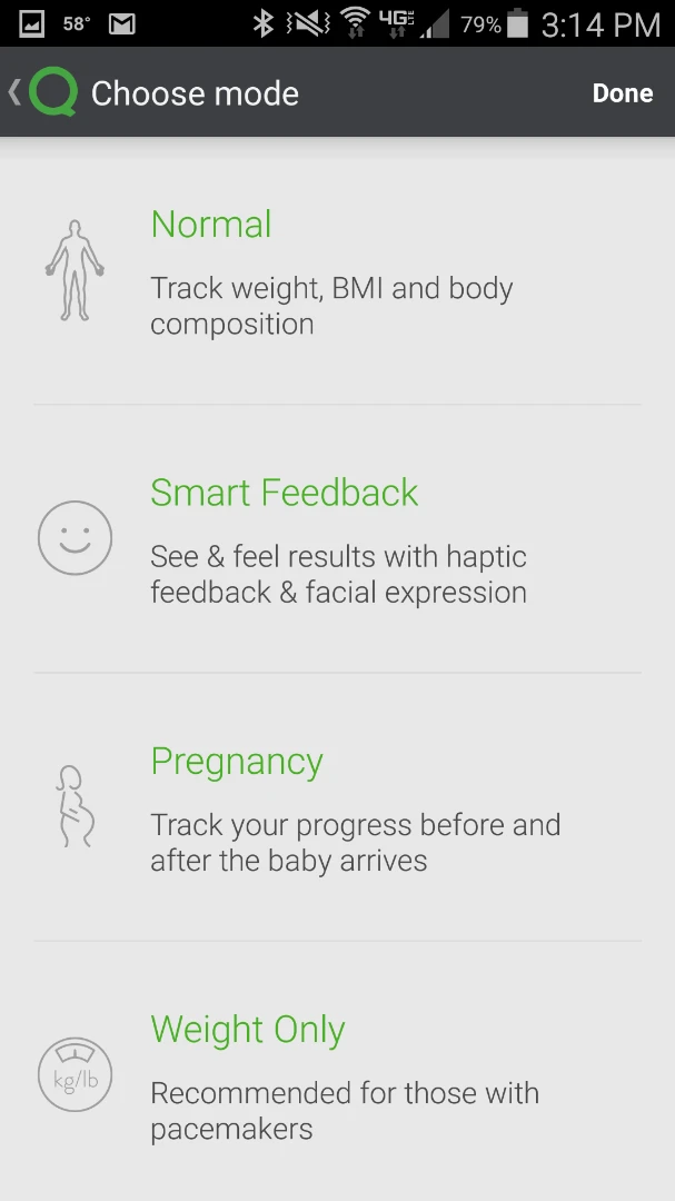 QardioBase smarts scale app gives you multiple modes from which to choose